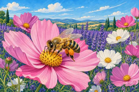 Abeja con polen naranja en las patas sobre el centro amarillo de una flor rosa
