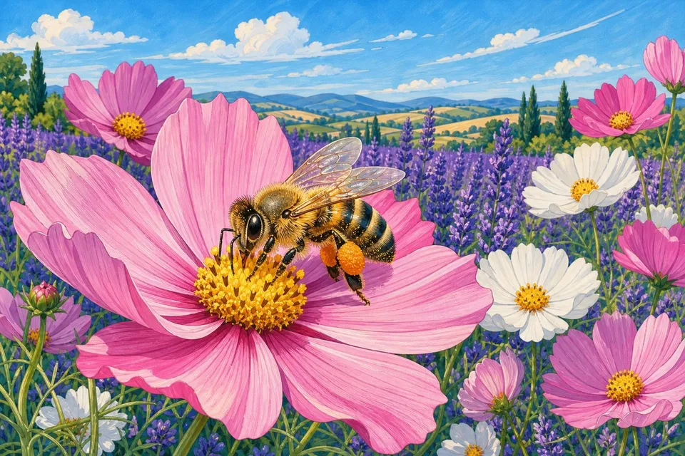 Abeja con polen naranja en las patas sobre el centro amarillo de una flor rosa