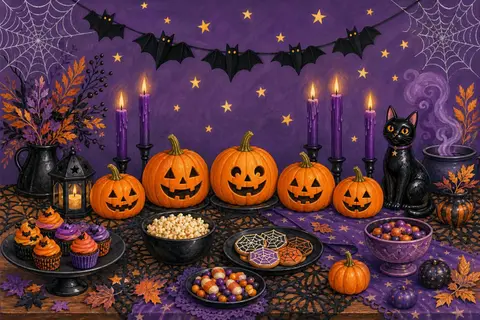 Mesa decorada con guirnalda de murciélagos, calabazas pequeñas talladas, velas moradas y un gato negro