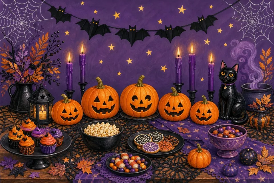 Mesa decorada con guirnalda de murciélagos, calabazas pequeñas talladas, velas moradas y un gato negro