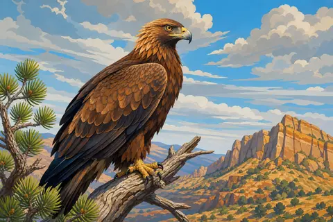 Águila de plumaje marrón posada sobre una rama seca con cielo azul grisáceo