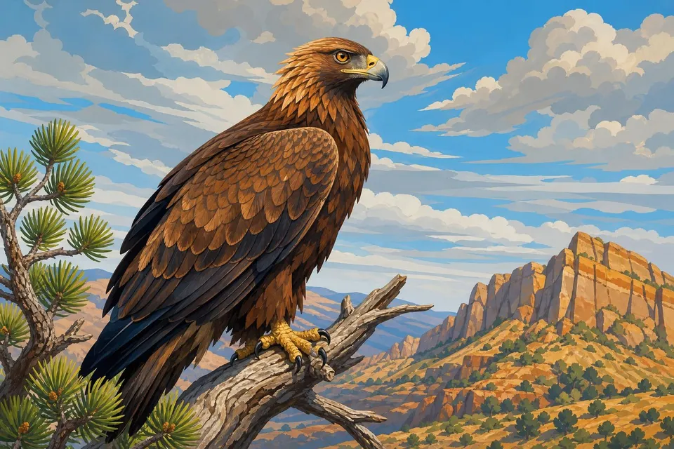 Águila de plumaje marrón posada sobre una rama seca con cielo azul grisáceo