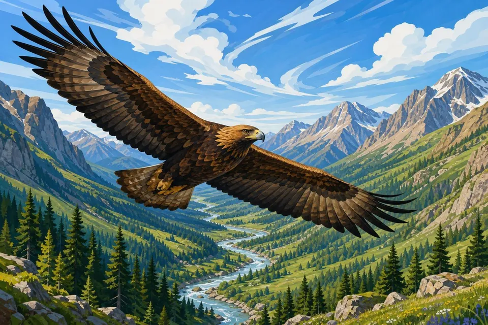 Águila con las alas extendidas planeando sobre un valle verde y un río