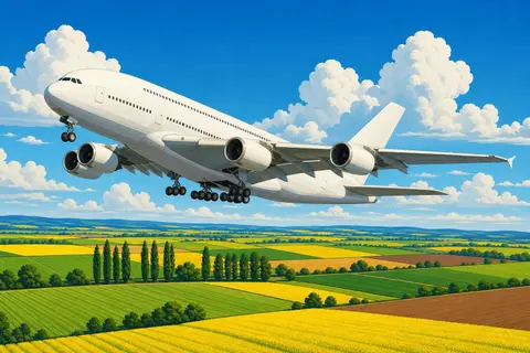 Avión blanco de dos pisos y cuatro motores despegando sobre campos verdes y amarillos
