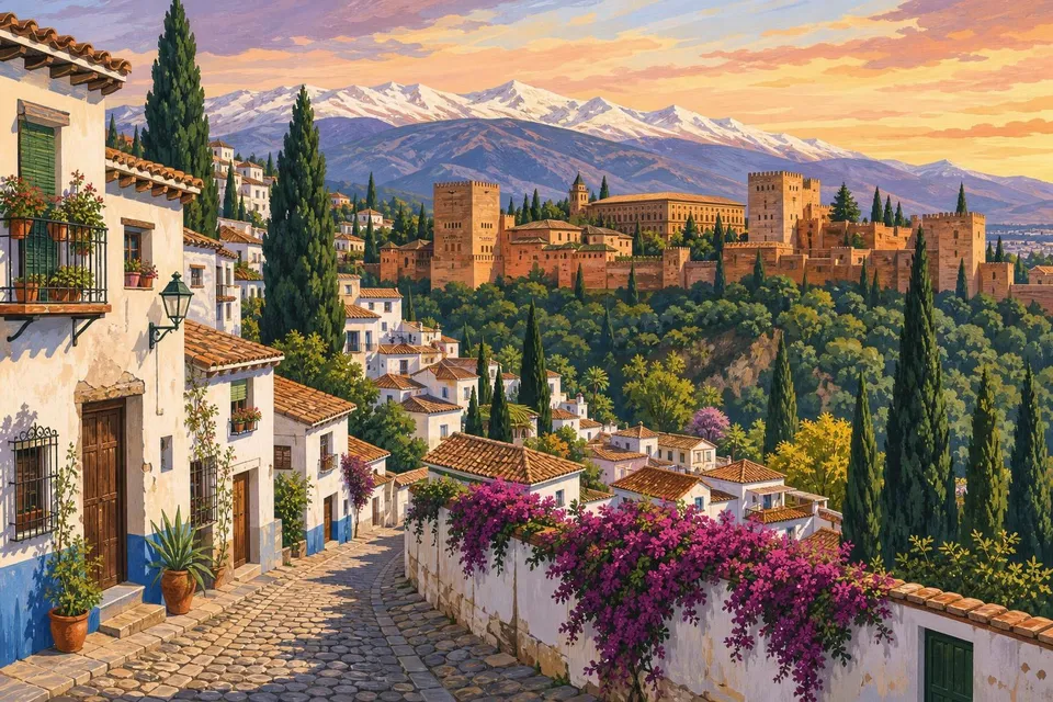 Casas blancas del Albaicín con cipreses y la Alhambra con Sierra Nevada al fondo