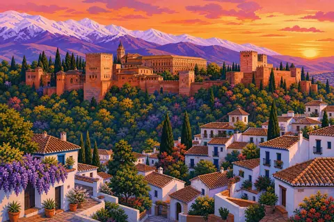 Murallas de la Alhambra al atardecer con la Sierra Nevada nevada al fondo