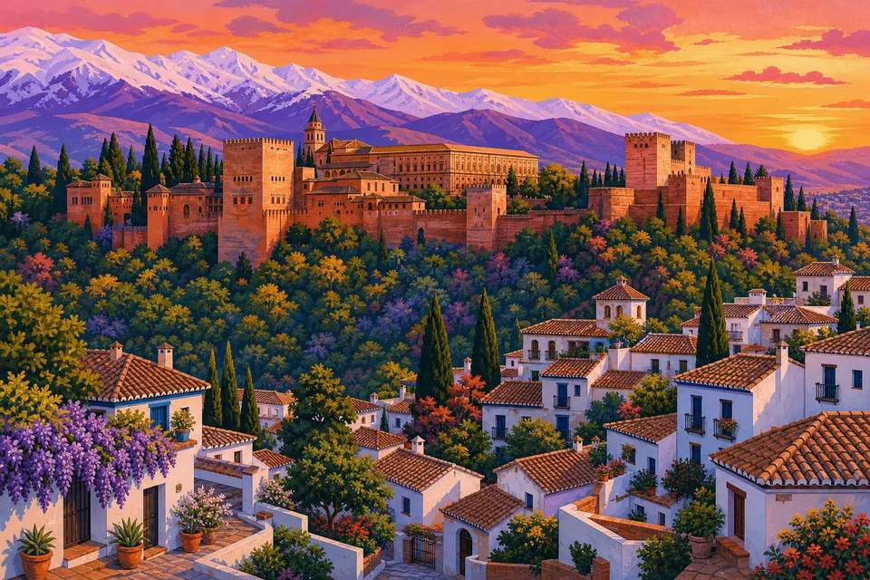 Murallas de la Alhambra al atardecer con la Sierra Nevada nevada al fondo