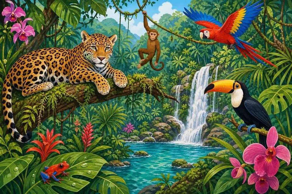 Selva de dibujos con jaguar en una rama, tucán, mono, loro y una cascada
