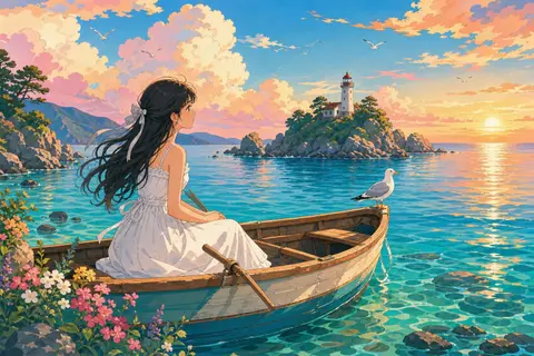Chica de estilo anime con vestido blanco en una barca de remos con una gaviota en la proa al atardecer