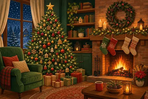 Árbol de Navidad con bolas rojas y doradas junto a una chimenea y una ventana nevada