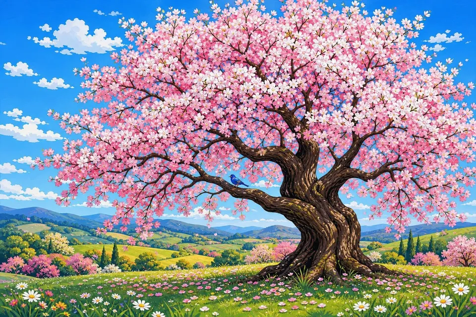 Cerezo en flor con pétalos rosas y blancos sobre un prado verde y cielo azul