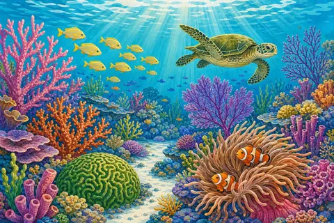 Arrecife de coral con corales de colores, una anémona con peces payaso y una tortuga
