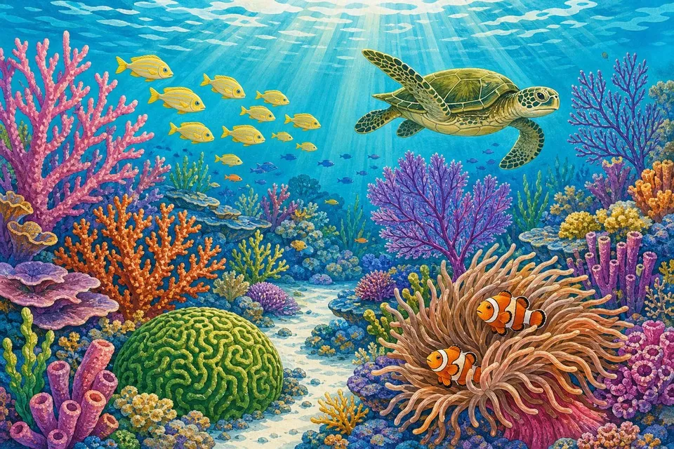 Arrecife de coral con corales de colores, una anémona con peces payaso y una tortuga
