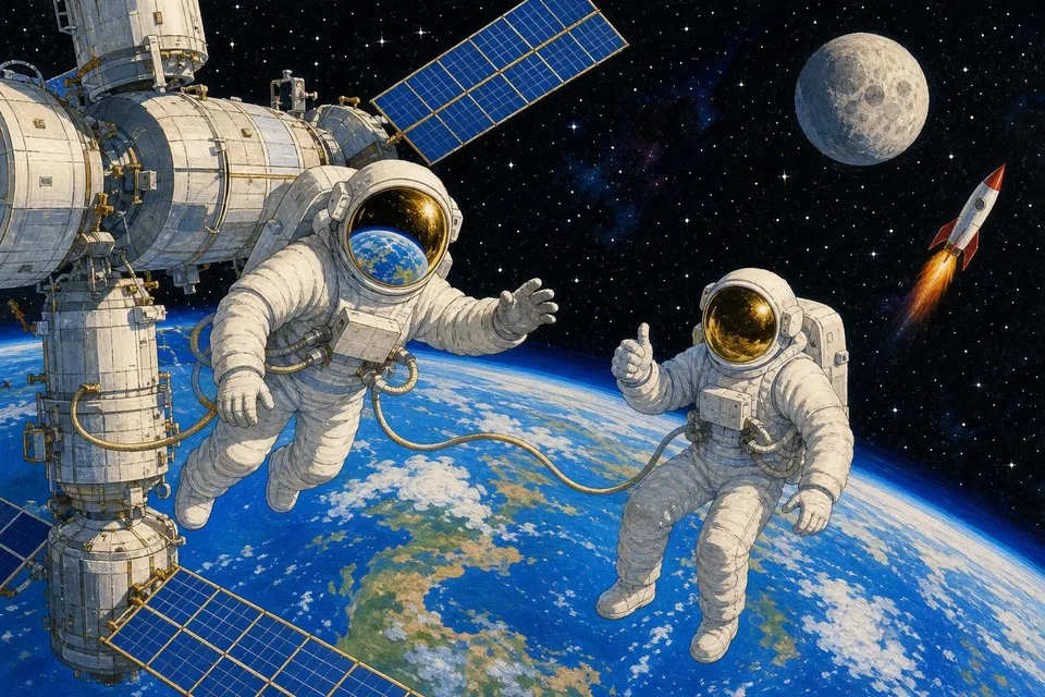 Dos astronautas de traje blanco flotando junto a una estación espacial sobre la Tierra