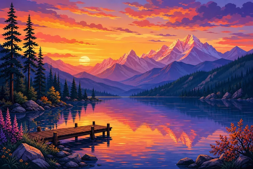 Atardecer sobre montañas en capas con un lago que refleja el cielo naranja y violeta