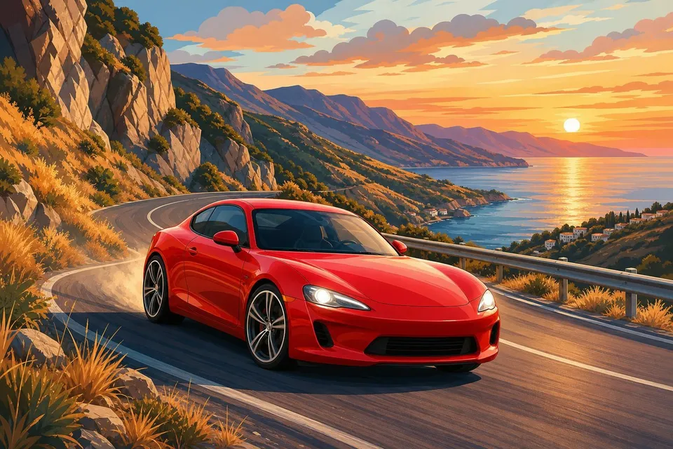 Coupé deportivo rojo tomando una curva en una carretera de montaña al atardecer