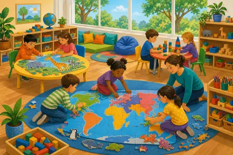Niños montando un puzzle en un aula luminosa