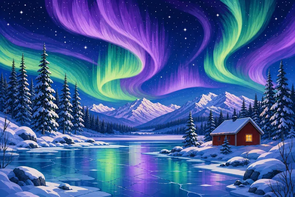 Aurora boreal verde y violeta sobre un lago helado y una cabaña roja