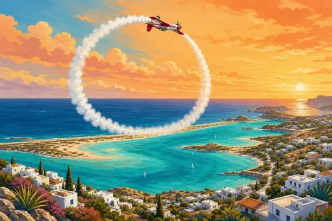 Avioneta roja y blanca boca abajo con estela de humo circular sobre una laguna