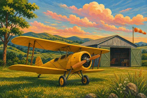 Biplano amarillo antiguo aparcado sobre la hierba junto a un hangar al atardecer