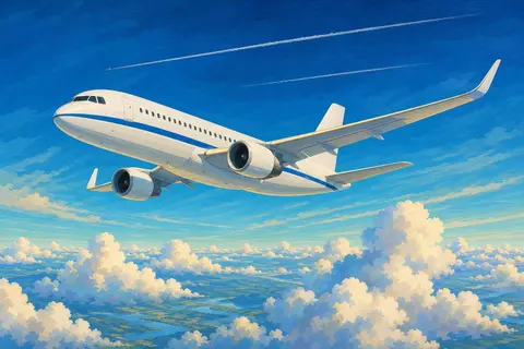 Avión comercial blanco con franja azul volando sobre un mar de nubes en un cielo azul