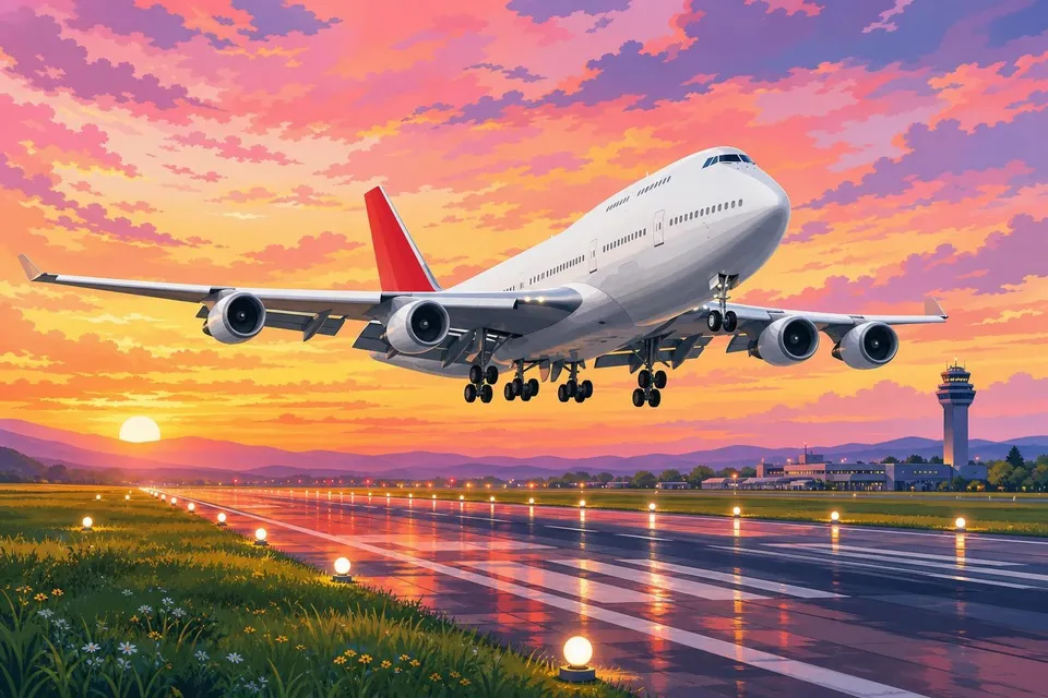 Jumbo de cuatro motores con joroba aterrizando sobre una pista mojada al amanecer