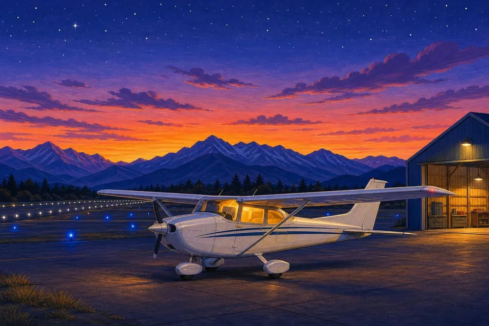 Avioneta blanca de ala alta en una plataforma con luces de pista y montañas al anochecer