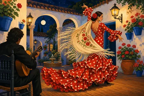 Bailaora de flamenco con bata de cola roja de lunares girando junto a un guitarrista
