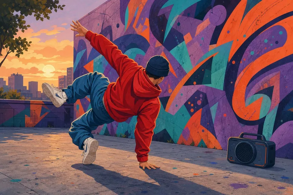 Bailarina de espaldas en una pose de break dance ante un muro de grafitis