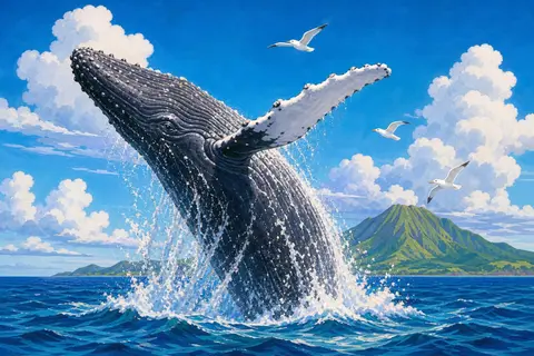 Ballena jorobada saltando fuera del mar con una larga aleta blanca extendida