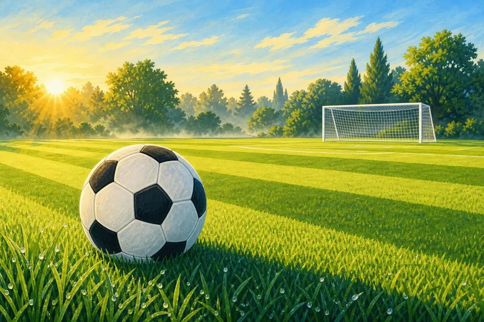 Balón clásico de gajos blancos y negros sobre césped con rocío y una portería al fondo