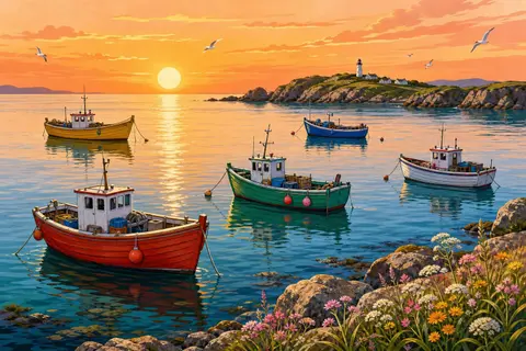 Cinco barcas de pesca de colores sobre un mar en calma con reflejos dorados al amanecer
