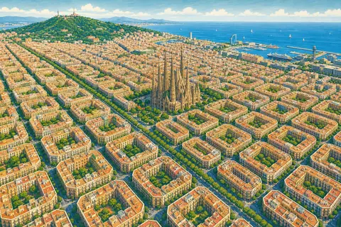 Vista aérea de Barcelona con manzanas octogonales, patios verdes y el mar al fondo