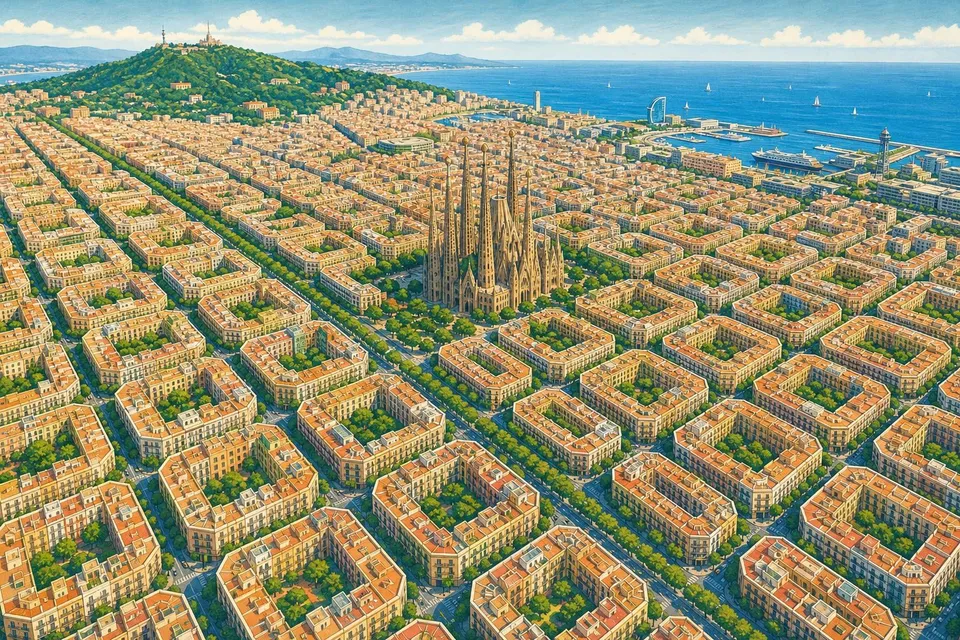 Vista aérea de Barcelona con manzanas octogonales, patios verdes y el mar al fondo