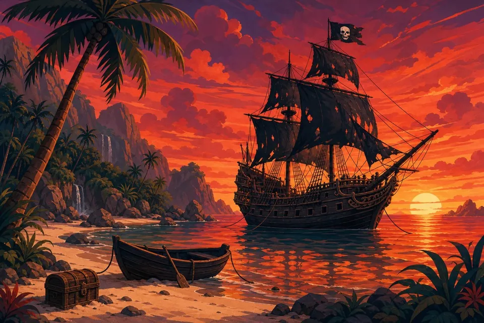 Galeón pirata de velas negras fondeado en una cala tropical con palmeras al atardecer