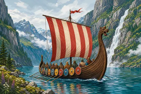 Barco vikingo con vela a rayas rojas y blancas y escudos de colores en un fiordo