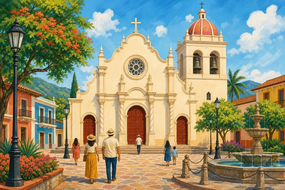 Fachada crema de la catedral de Guanare con rosetón, tres puertas rojizas y torre