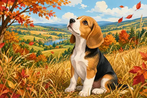 Cachorro de beagle tricolor sentado en la hierba alta con hojas de otoño