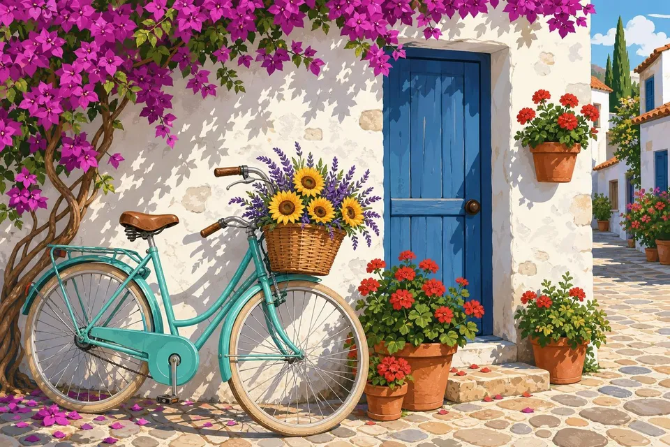 Bicicleta turquesa con cesta de girasoles apoyada en una pared blanca con geranios