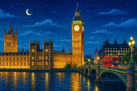 Torre del Big Ben iluminada de noche junto al Támesis con reflejos dorados