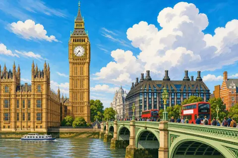 Torre del Big Ben de día con puente de Westminster, autobuses rojos y nubes