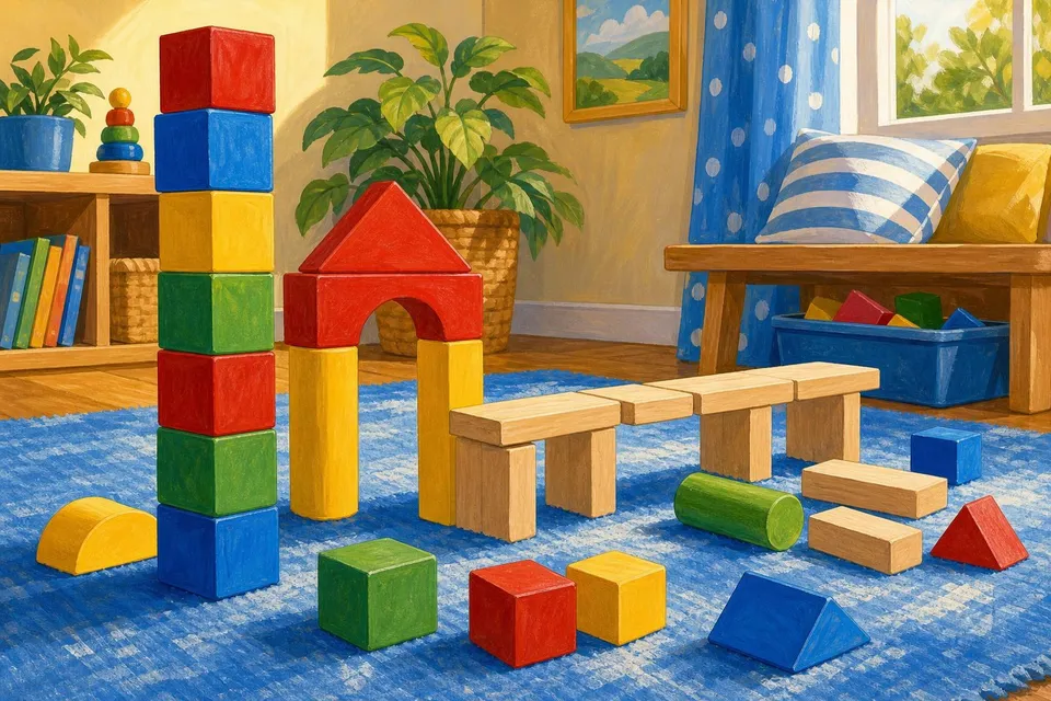 Bloques de madera de colores formando una torre, un arco y un puente sobre una alfombra