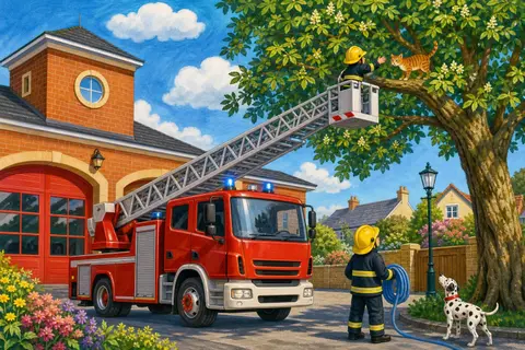 Camión de bomberos rojo con la escalera extendida hacia un gato subido a un árbol