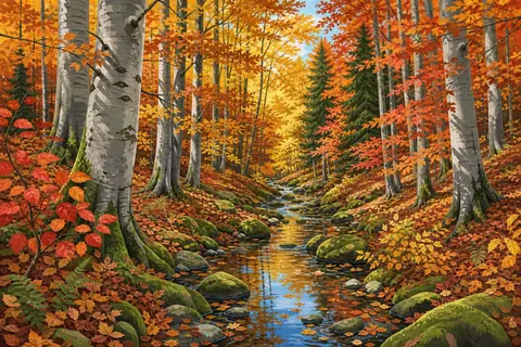 Hayedo en otoño con hojas cobrizas y un arroyo entre rocas con musgo