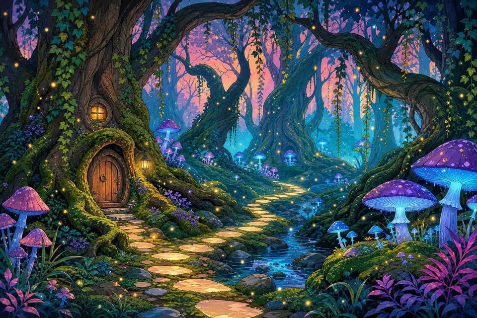 Bosque encantado al anochecer con árboles retorcidos, setas luminosas, luciérnagas y una puerta en un tronco