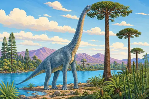 Braquiosaurio con el cuello estirado comiendo de una araucaria junto a un lago