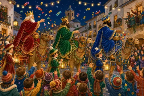 Cabalgata nocturna de los Reyes Magos en camellos con faroles y caramelos en el aire