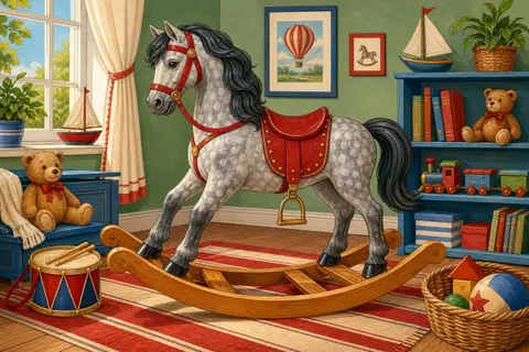 Caballito de balancín de madera tordo con silla roja en un cuarto infantil