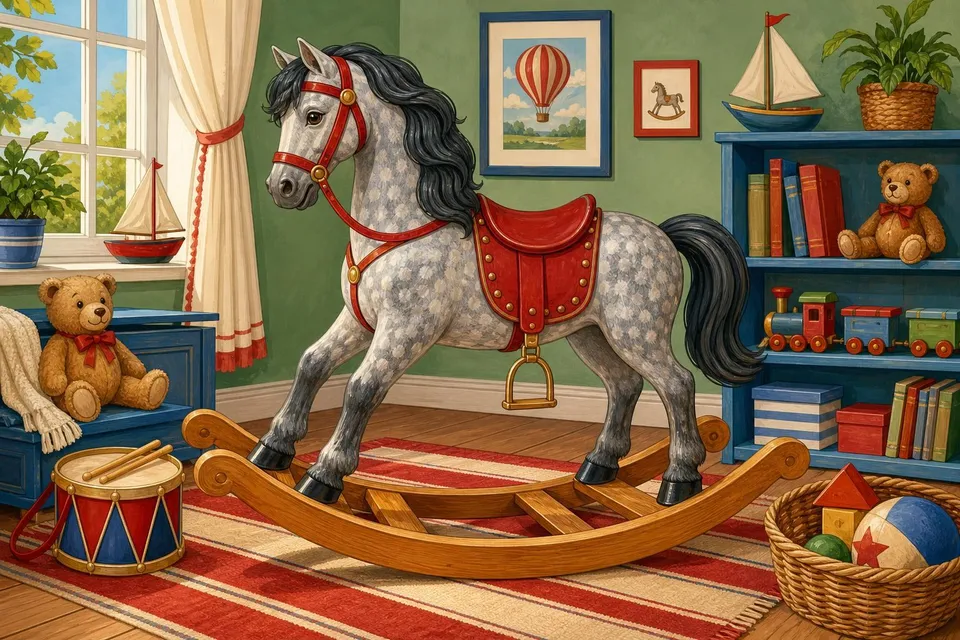 Caballito de balancín de madera tordo con silla roja en un cuarto infantil