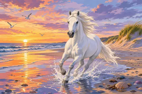 Caballo blanco galopando por la orilla de una playa al atardecer